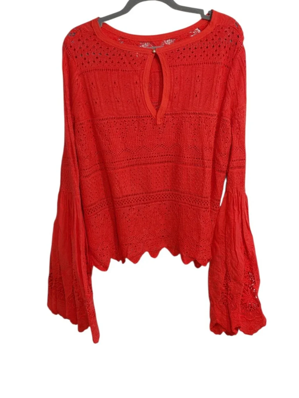 Free People Red Crochet Bell-Sleeve Blouse